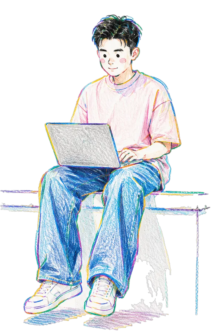 Illustration of Huu Tin To sitting on a ledge with a laptop